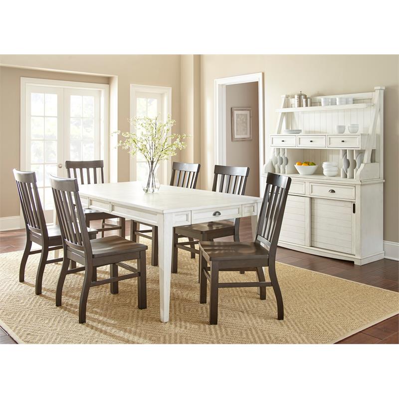 Pemberly Row Antique White 7-Piece Dining Set with Dark Oak Chairs