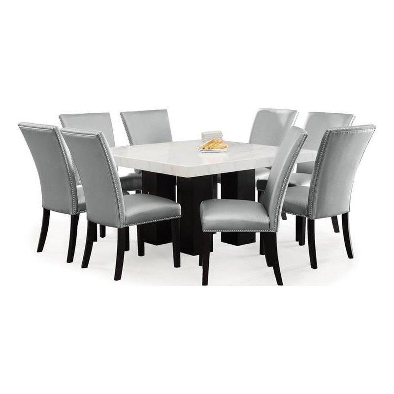 Pemberly Row Marble Top Square 9-Piece Dining Set with Silver Chairs