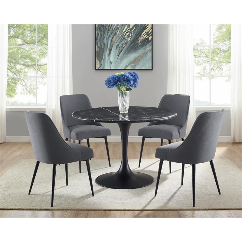 Pemberly Row Black Marquina Marble 5-Piece Dining Set with Charcoal Chairs