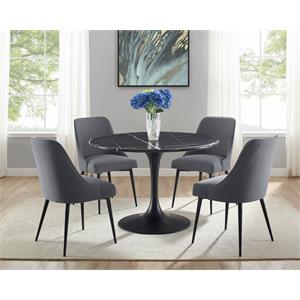 Pemberly Row Black Marquina Marble 5-Piece Dining Set with Charcoal Chairs