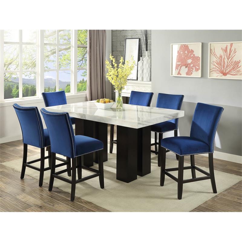 Pemberly Row Marble Top Rectangular 7-Pc Counter Height Dining Set - Blue Velvet
