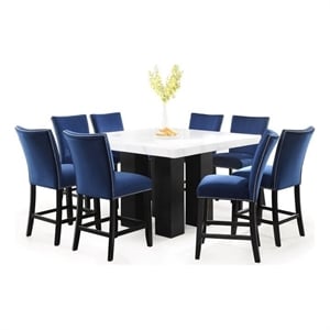 Pemberly Row Marble Top Square 9-Piece Counter Height Dining Set Blue Velvet