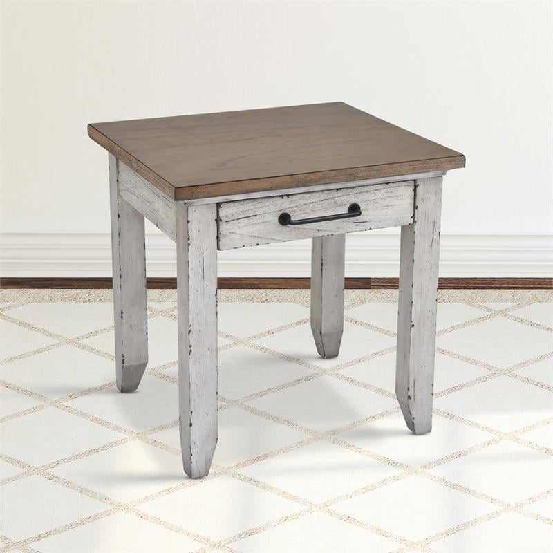 Pemberly Row Farmhouse / Country Rustic Ivory and Honey End Table