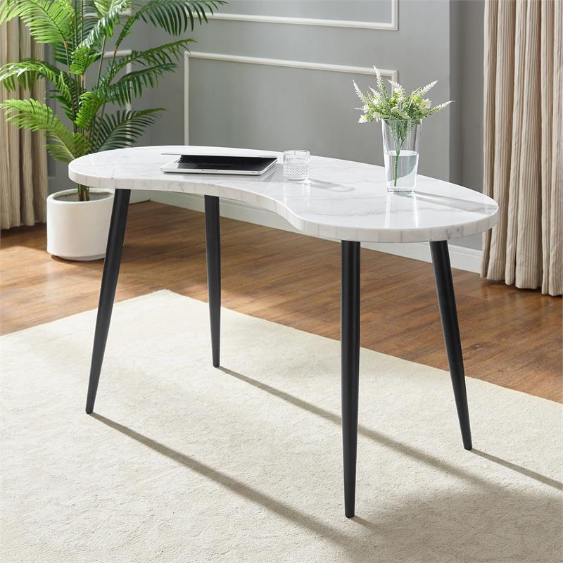 Pemberly Row White Marble Desk and Gray Upholstered Chair Set
