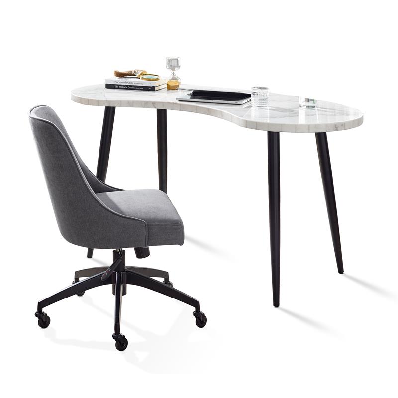 Pemberly Row White Marble Desk and Gray Upholstered Chair Set