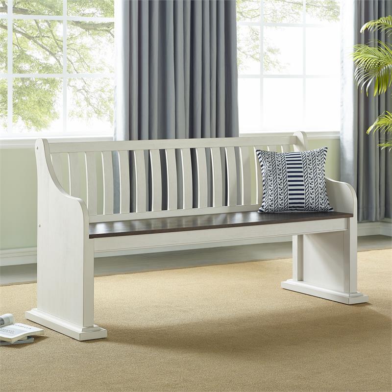 Pemberly Row Two-Tone Ivory and Dark Oak Farmhouse Dining Bench with Back