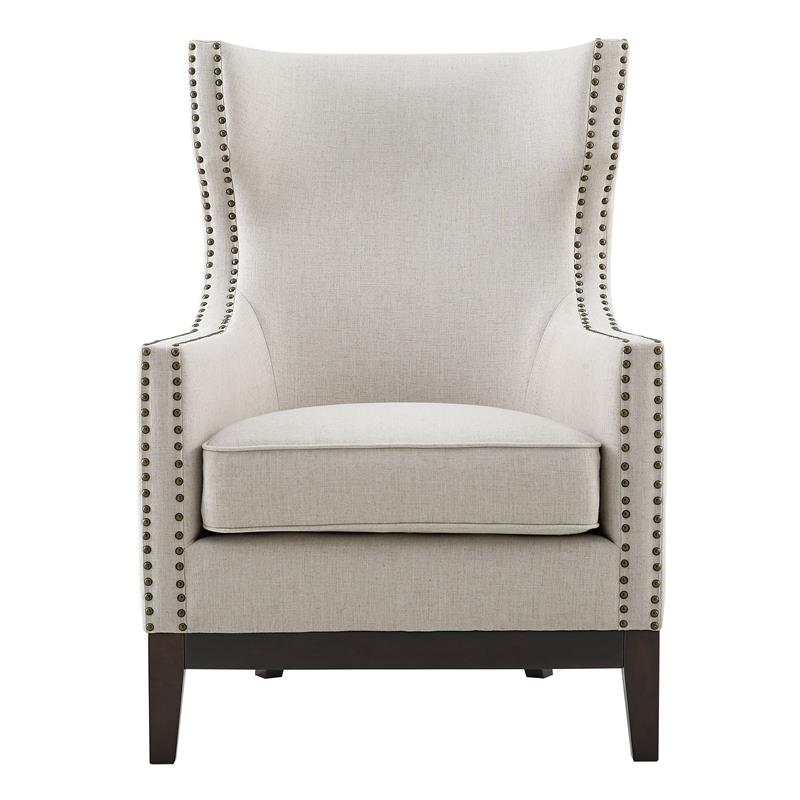 Pemberly Row Transitional Beige Linen Accent Chair with Nailhead Trim