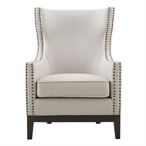 Pemberly Row Transitional Beige Linen Accent Chair with Nailhead Trim