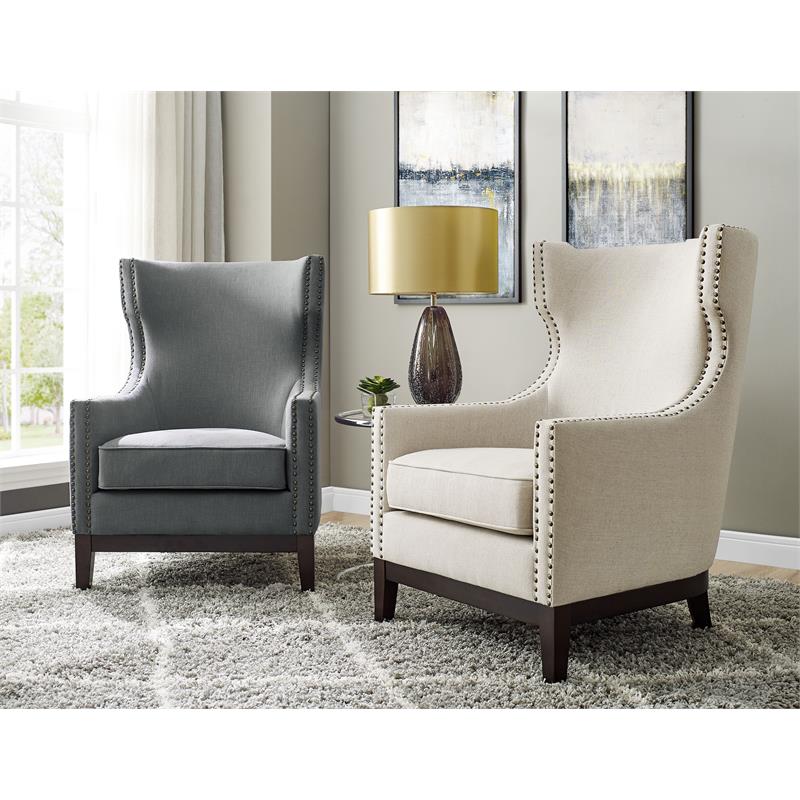 Pemberly Row Transitional Beige Linen Accent Chair with Nailhead Trim