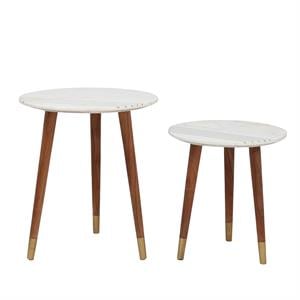 Pemberly Row White Marble and Solid Acacia Round Nesting Tables