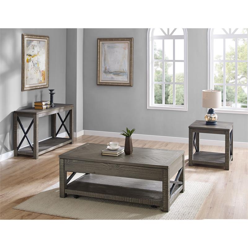 Pemberly Row Transitional Distressed Driftwood Wood and Metal Sofa Table
