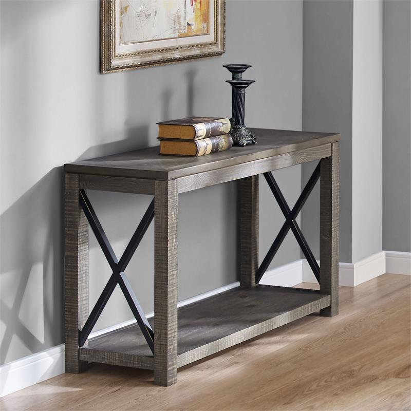 Pemberly Row Transitional Distressed Driftwood Wood and Metal Sofa Table