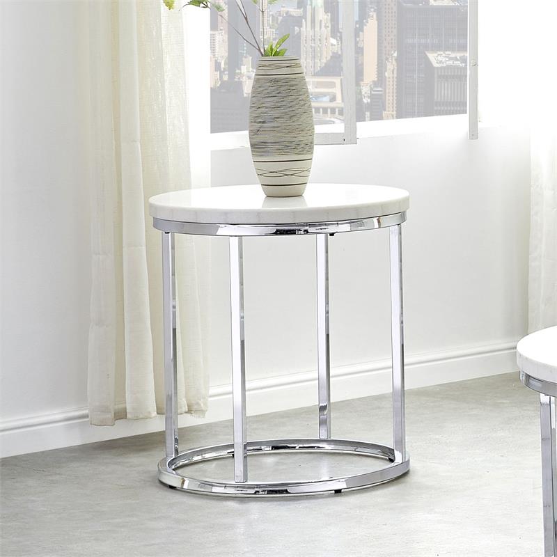 Pemberly Row White Marble and ChromeMetal Round Contemporary End Table