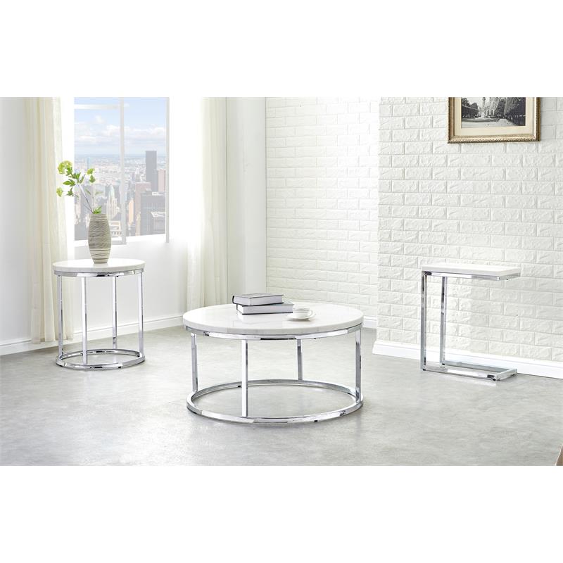 Pemberly Row White Marble and ChromeMetal Round Contemporary End Table