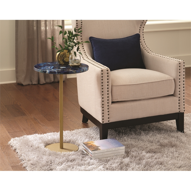 Pemberly Row Transitional Round Blue Agate Top Metal Chairside End Table