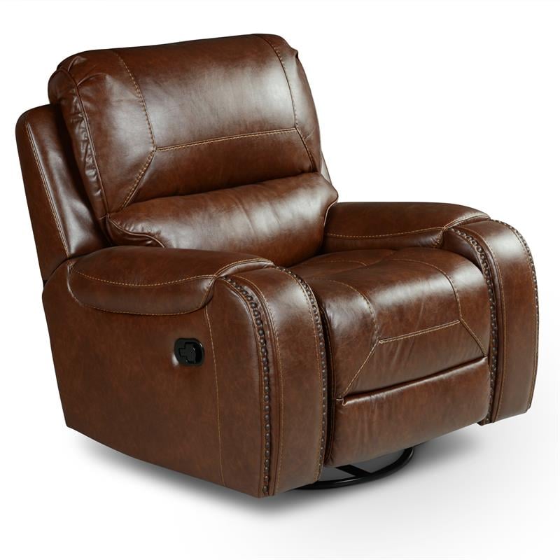 Pemberly Row Brown Faux Leather Manual Swivel Glider Recliner Chair