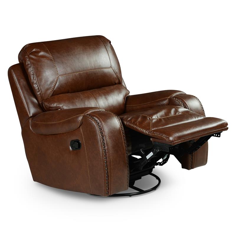 Pemberly Row Brown Faux Leather Manual Swivel Glider Recliner Chair