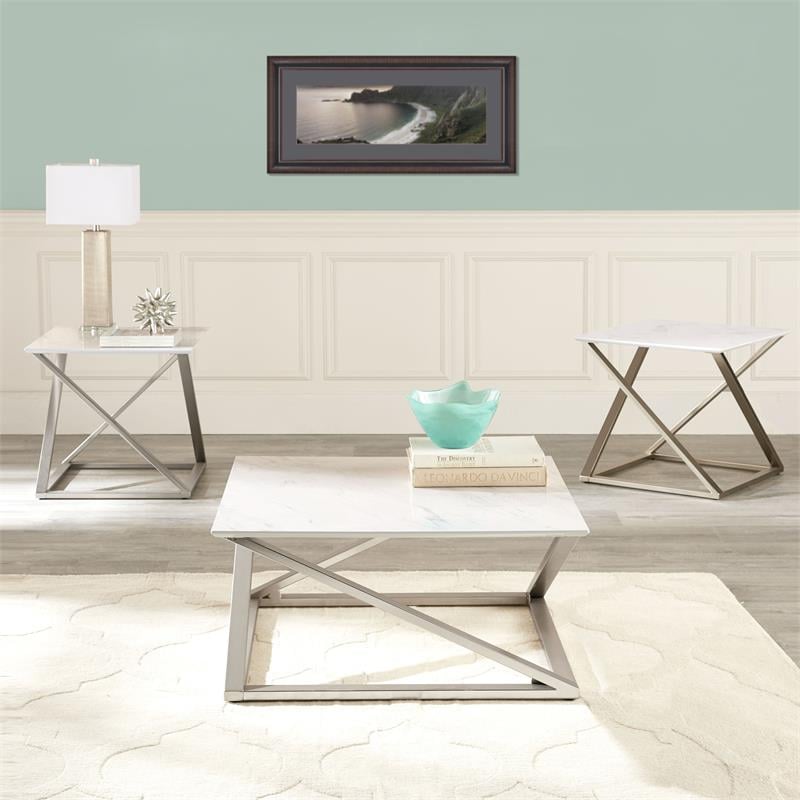 Pemberly Row White Faux Marble Mixed Media 3-piece Occasional Set