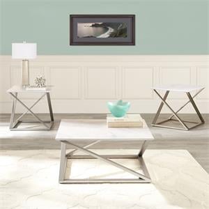 Pemberly Row White Faux Marble Mixed Media 3-piece Occasional Set