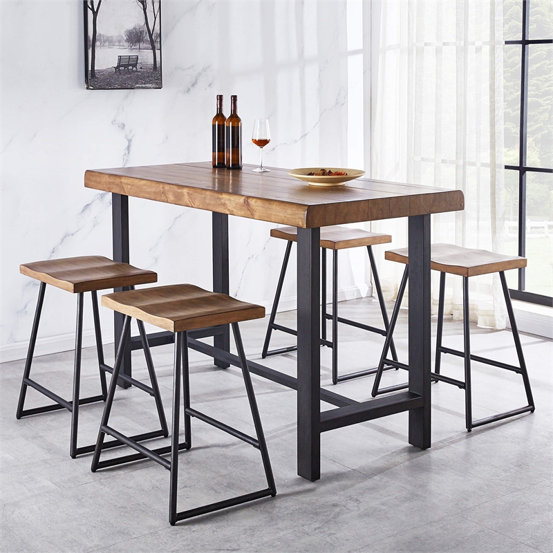 Pemberly Row Natural Honey Brown Wood and Black Metal Counter Stool