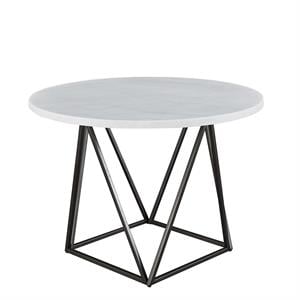 Pemberly Row White Marble Top Round Bronze Metal Base Dining Table