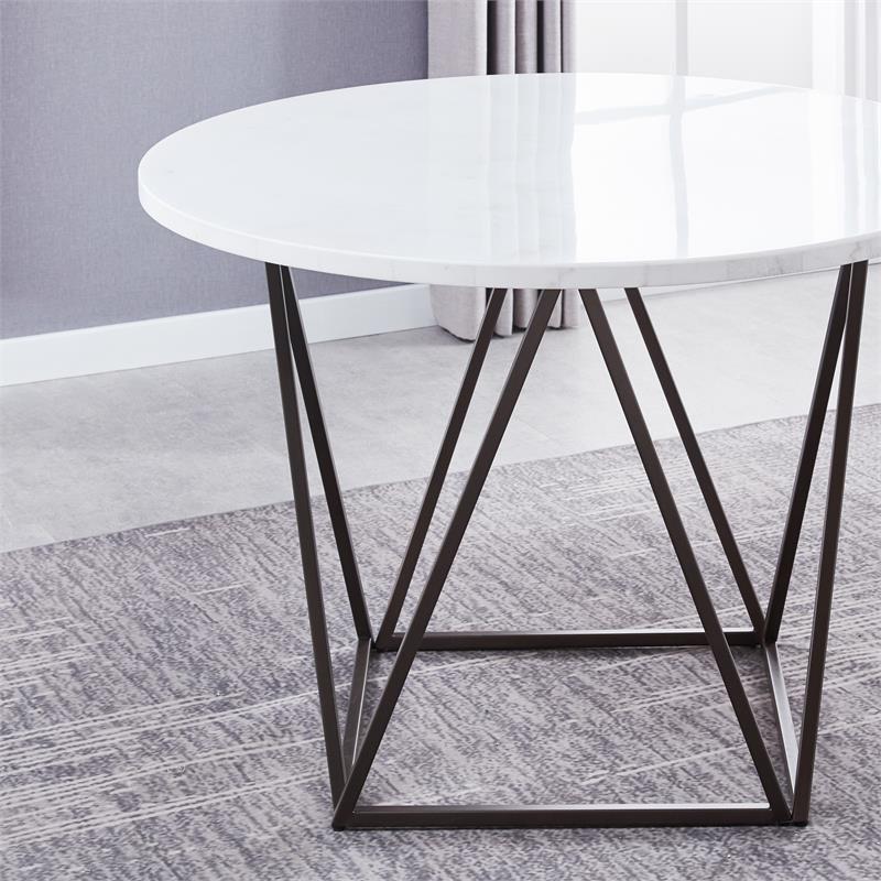 Pemberly Row White Marble Top Round Bronze Metal Base Dining Table
