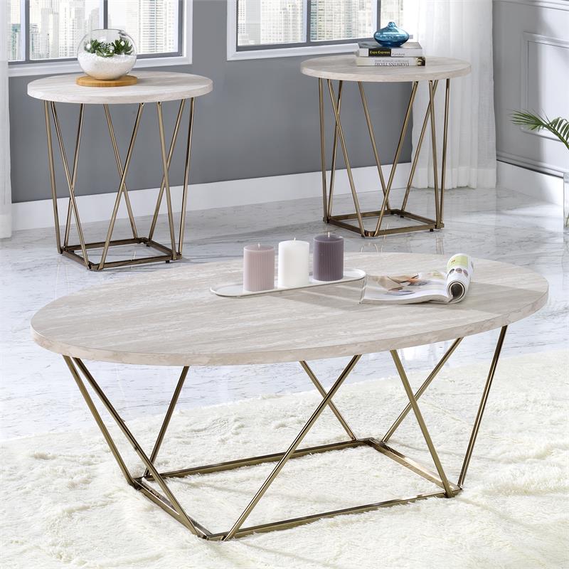 Pemberly Row Contemporary Faux White Marble 3-Pack Metal Occasional Set