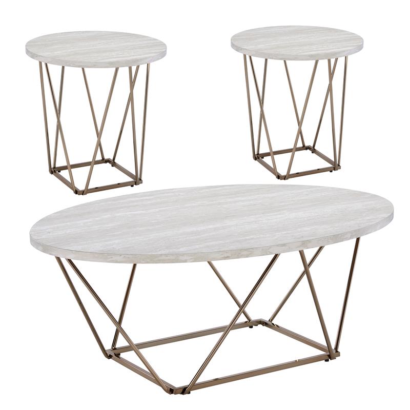 Pemberly Row Contemporary Faux White Marble 3-Pack Metal Occasional Set
