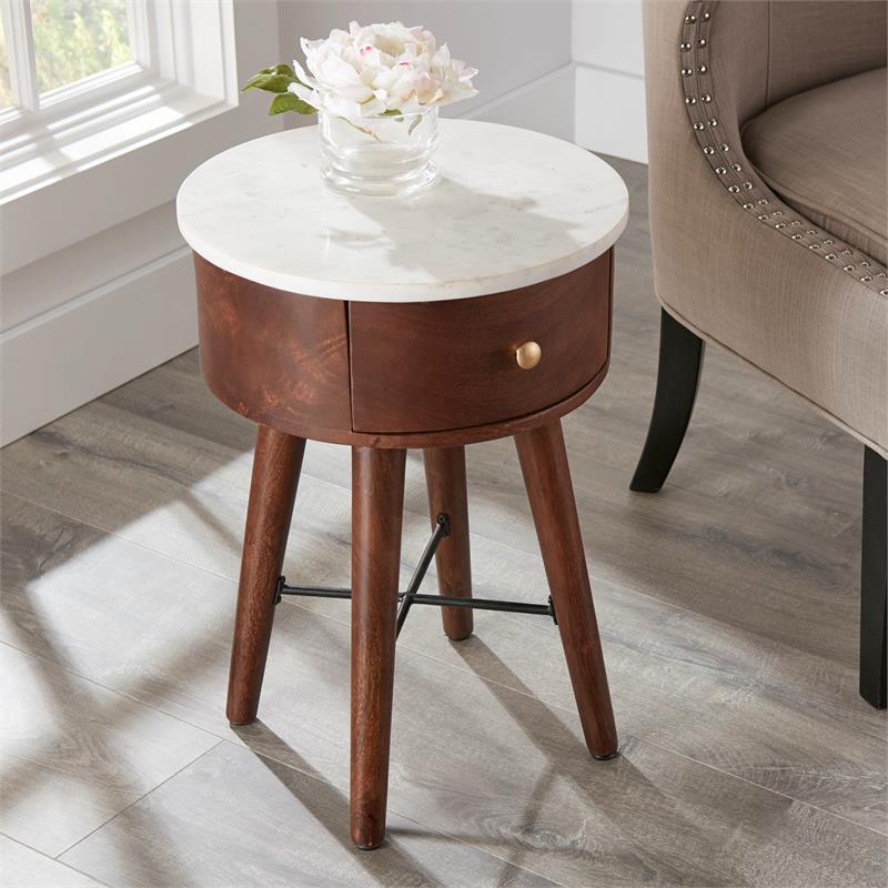 Pemberly Row Round White Marble Top and Brown Cherry Base End Table
