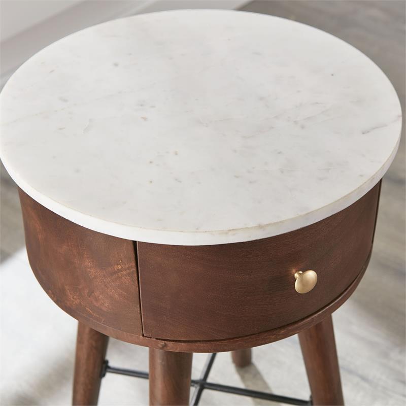 Pemberly Row Round White Marble Top and Brown Cherry Base End Table