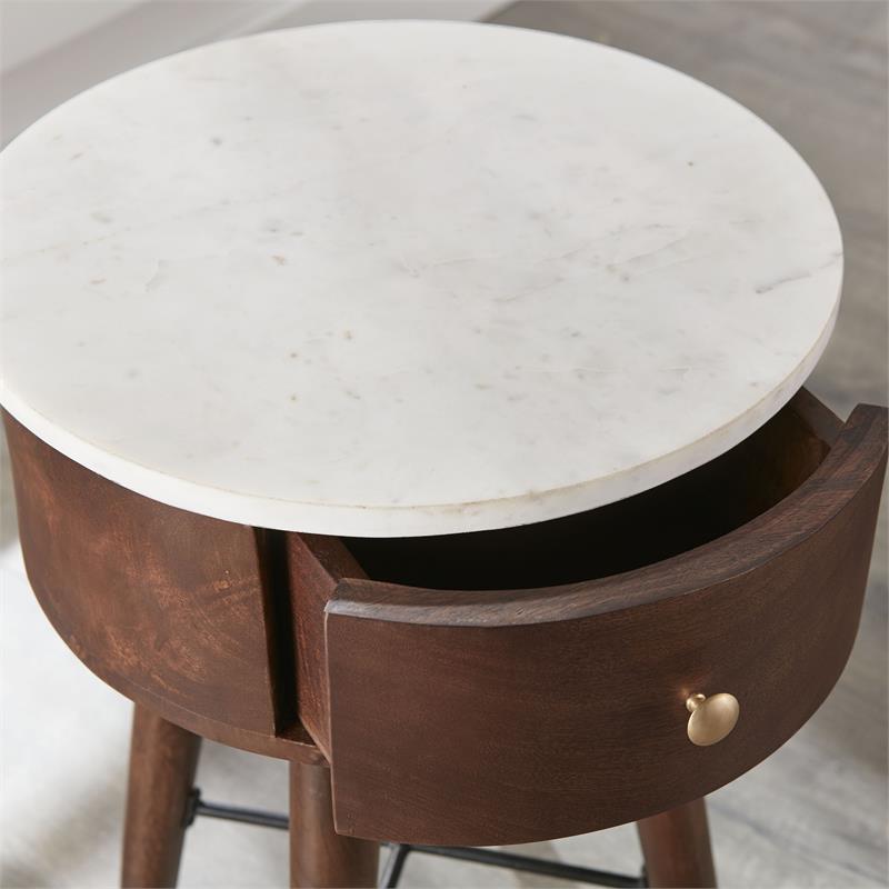 Pemberly Row Round White Marble Top and Brown Cherry Base End Table