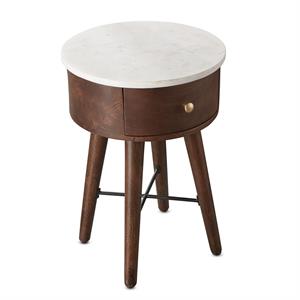 Pemberly Row Round White Marble Top and Brown Cherry Base End Table