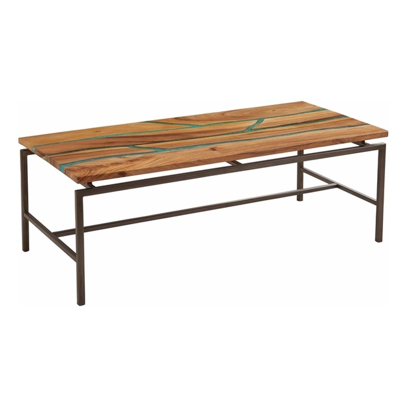 Pemberly Row Natural Wood with Emerald Green Inlay Cocktail Table