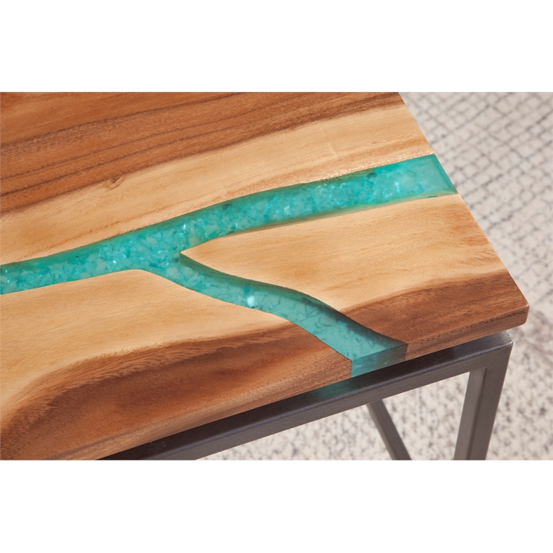 Pemberly Row Natural Wood with Emerald Green Inlay Cocktail Table
