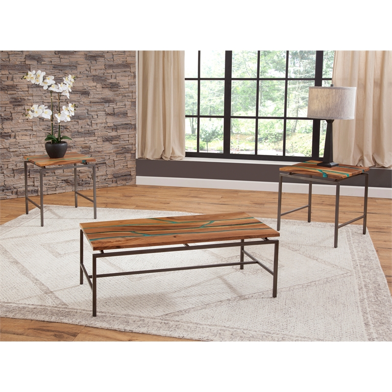 Pemberly Row Natural Wood with Emerald Green Inlay Cocktail Table