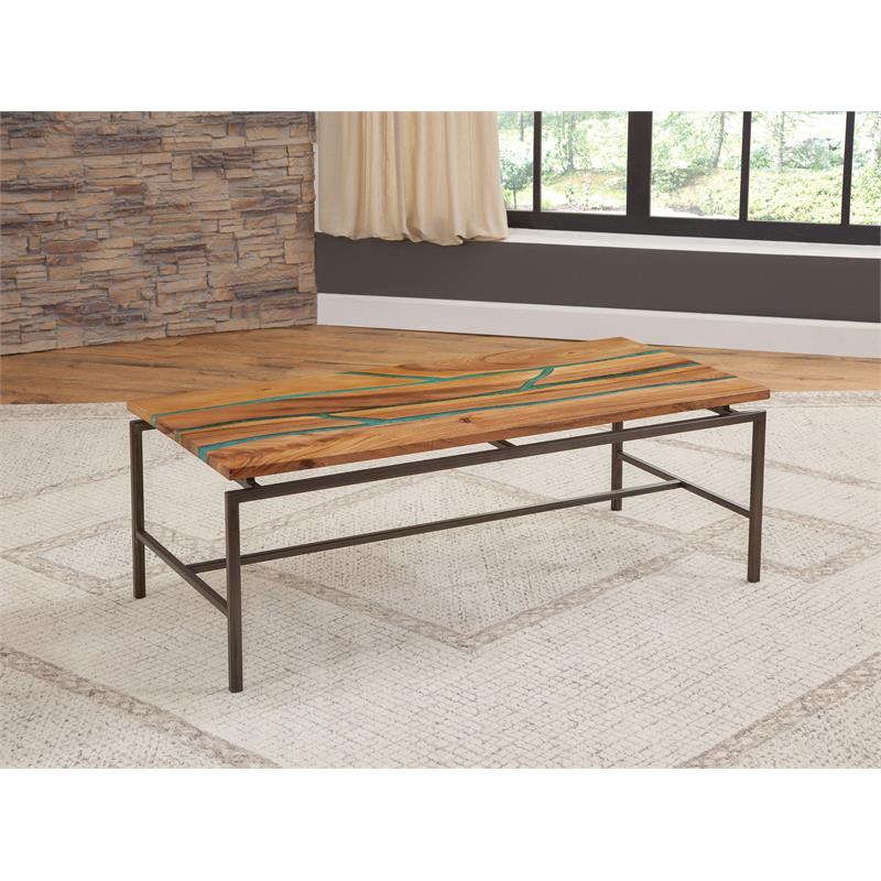 Pemberly Row Natural Wood with Emerald Green Inlay 3-Piece Occasional Set
