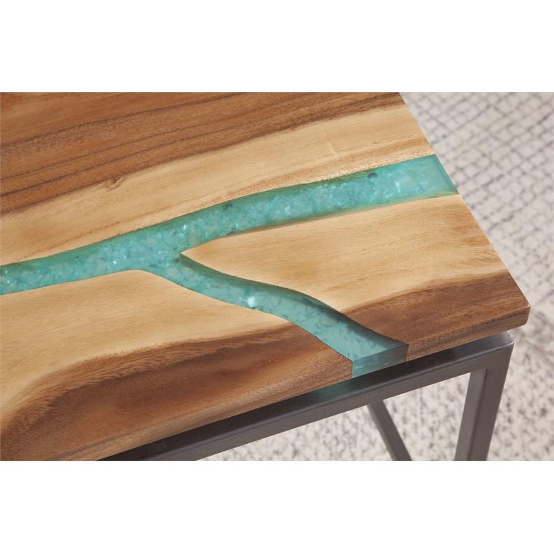 Pemberly Row Natural Wood with Emerald Green Inlay 3-Piece Occasional Set