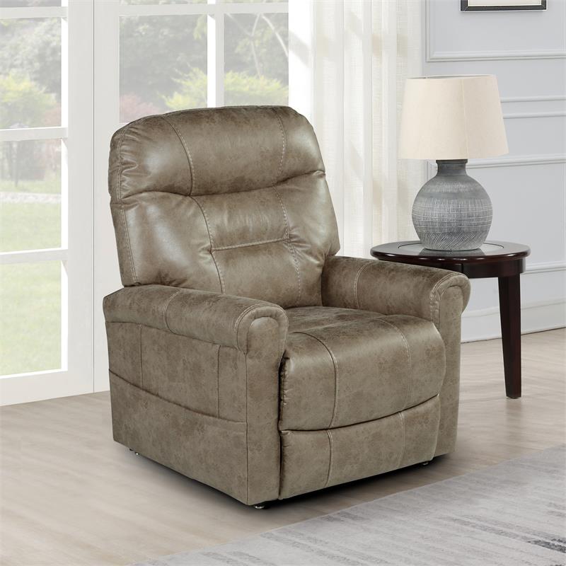 Pemberly Row Light Brown Faux Leather Power Lift Chair w/ Heat & Massage
