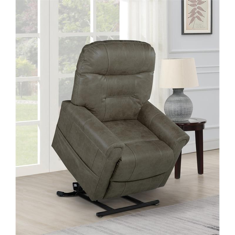Pemberly Row Walnut Brown Faux Leather Power Lift Chair with Heat and Massage