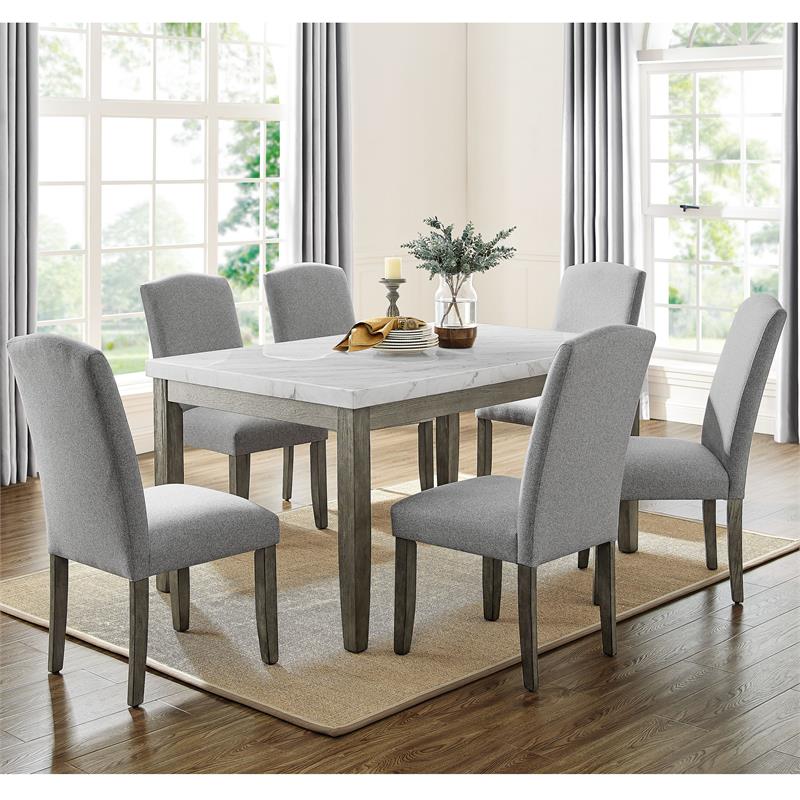 Pemberly Row Transitional Mossy Gray and Marble 7-Piece Dining Set