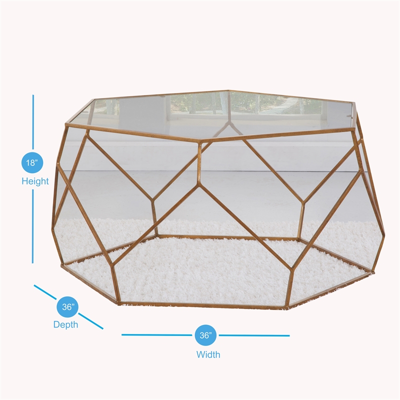 Pemberly Row Contemporary Hexagonal Clear Glass and Metal Cocktail Table