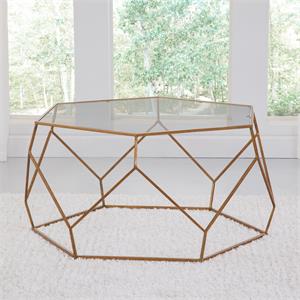 Pemberly Row Contemporary Hexagonal Clear Glass and Metal Cocktail Table