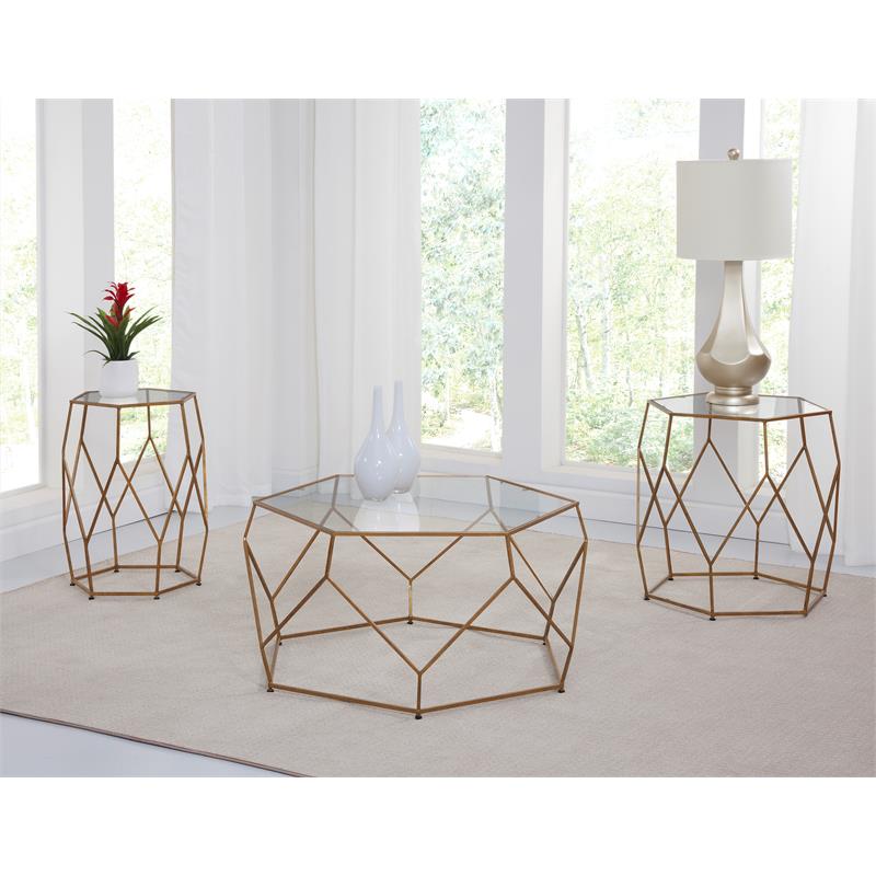 Pemberly Row Hexagonal Clear Glass and Metal Chairside End Table