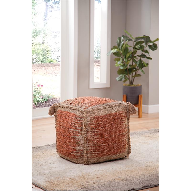 Pemberly Row Transitional Square Handwoven Cinnamon/ Khaki Jute Pouf