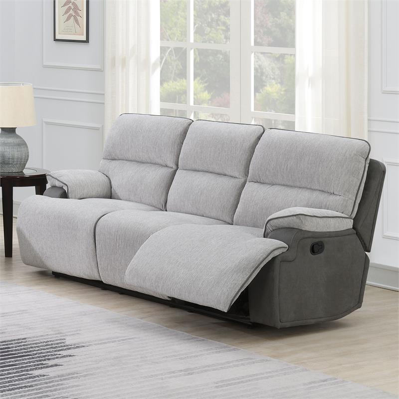 Pemberly Row Transitional Fabric Recliner Sofa in Light Gray