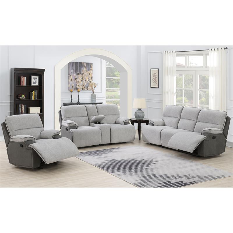 Pemberly Row Transitional Fabric Recliner Sofa in Light Gray
