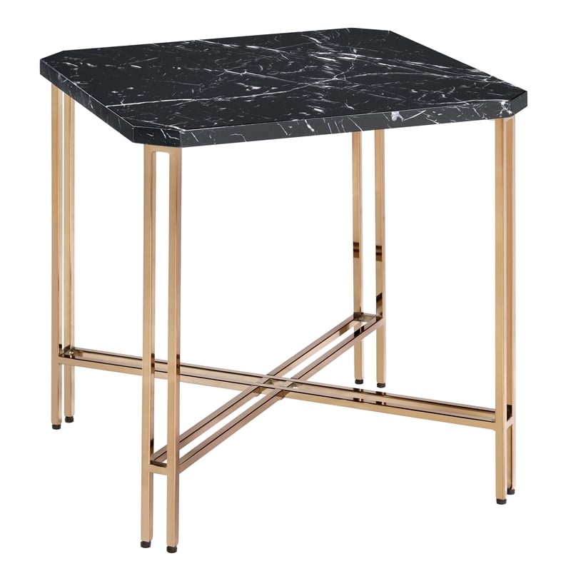 Pemberly Row Transitional Black Faux Marble and Gold Metal End Table