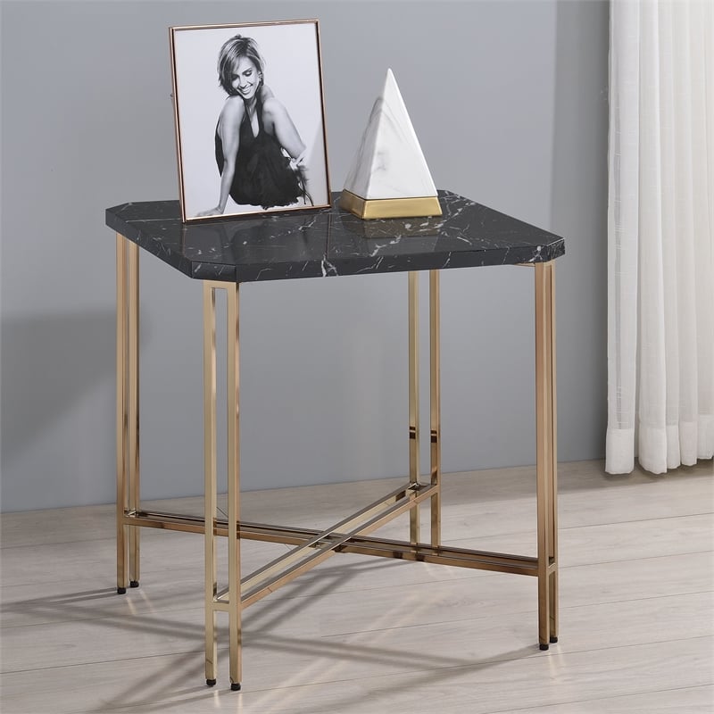 Pemberly Row Transitional Black Faux Marble and Gold Metal End Table