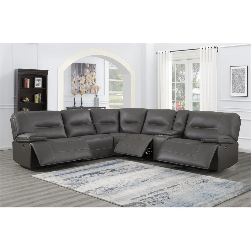 Pemberly Row Charcoal Faux Leather 6-Piece Power Reclining Sectional