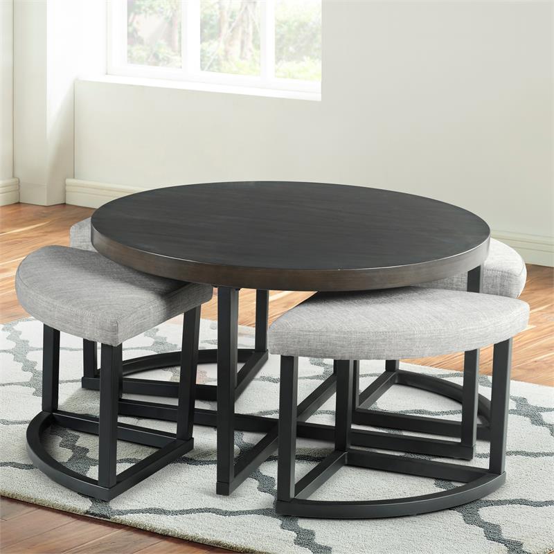 Pemberly Row Transitional Black Metal Base Coffee Table with Stools